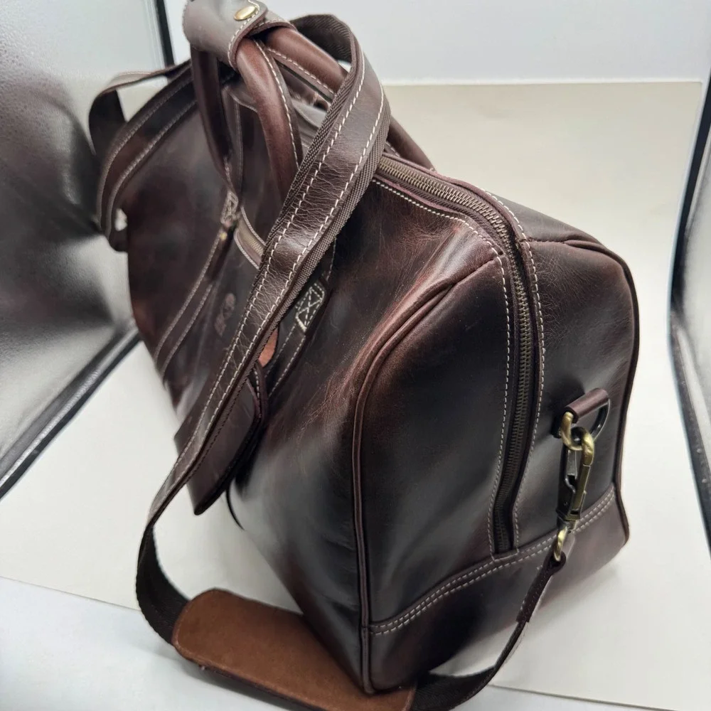 Rustic Town Leather Duffel Bag Dark Brown Weekender Travel Carry On Luggage Tag